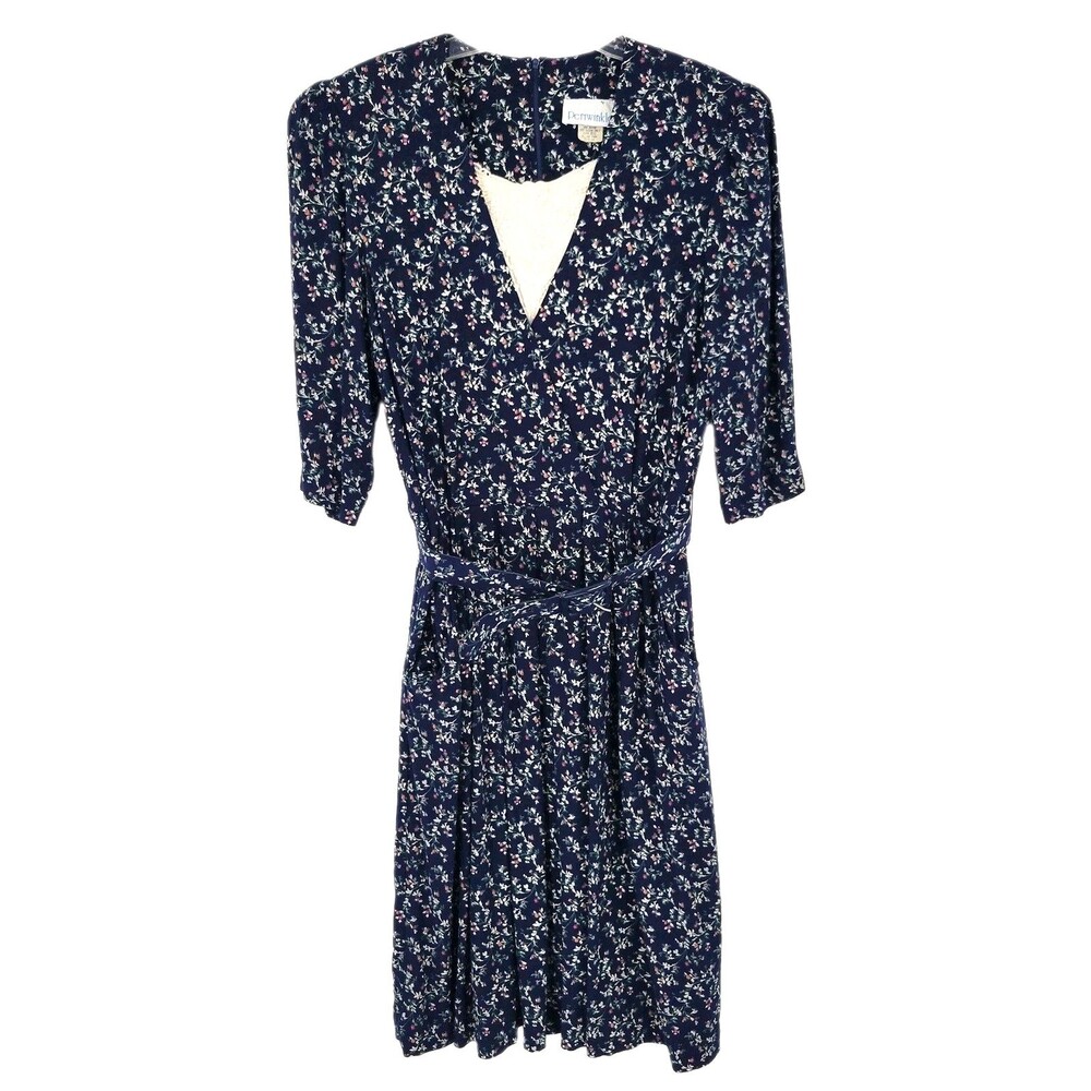Periwinkle Womens Vintage Dress Size 14 Made In USA Floral Belt Shoulder Pads